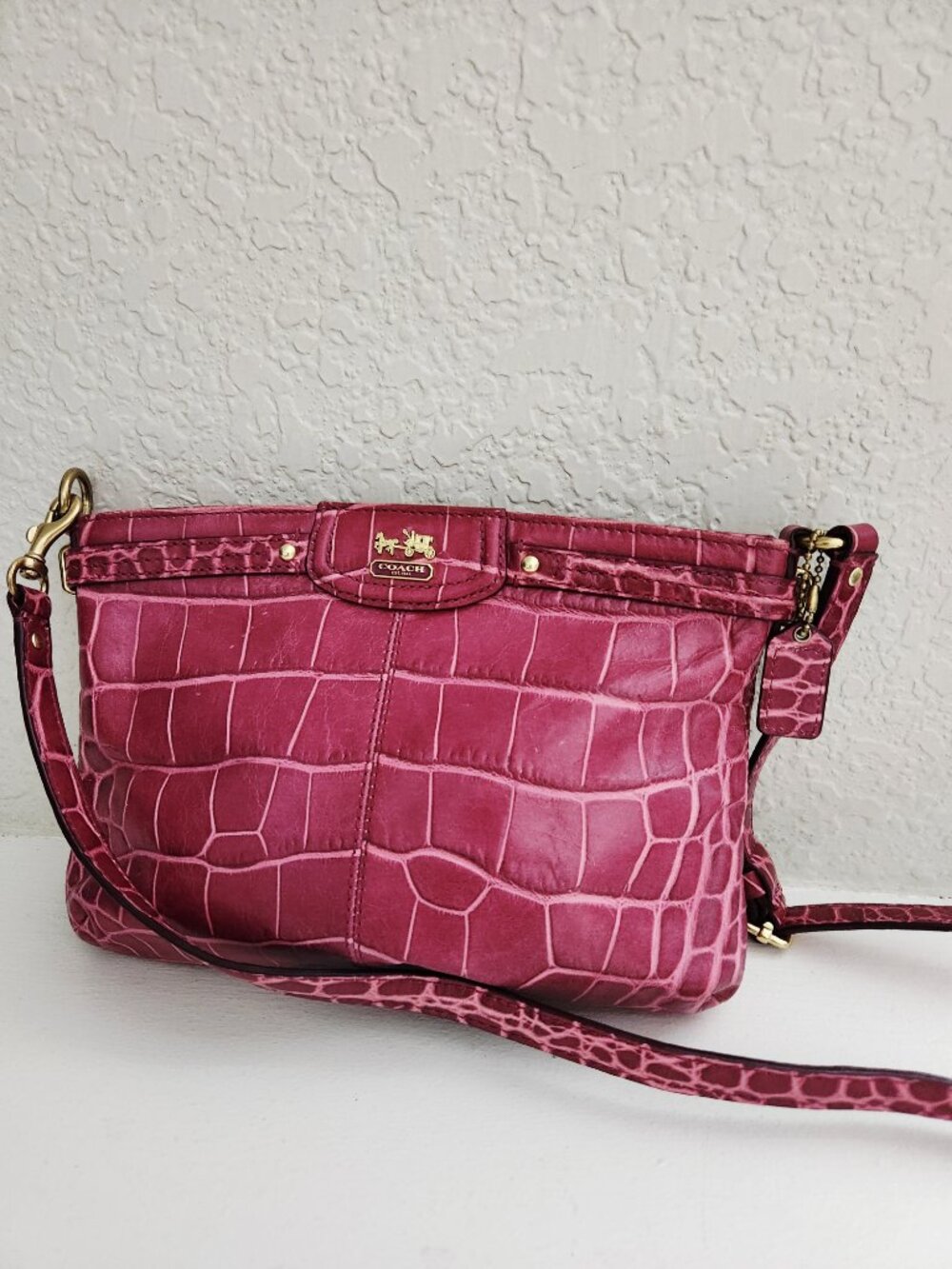 Coach Raspberry Crocodile Embossed Crossbody Bag Purse